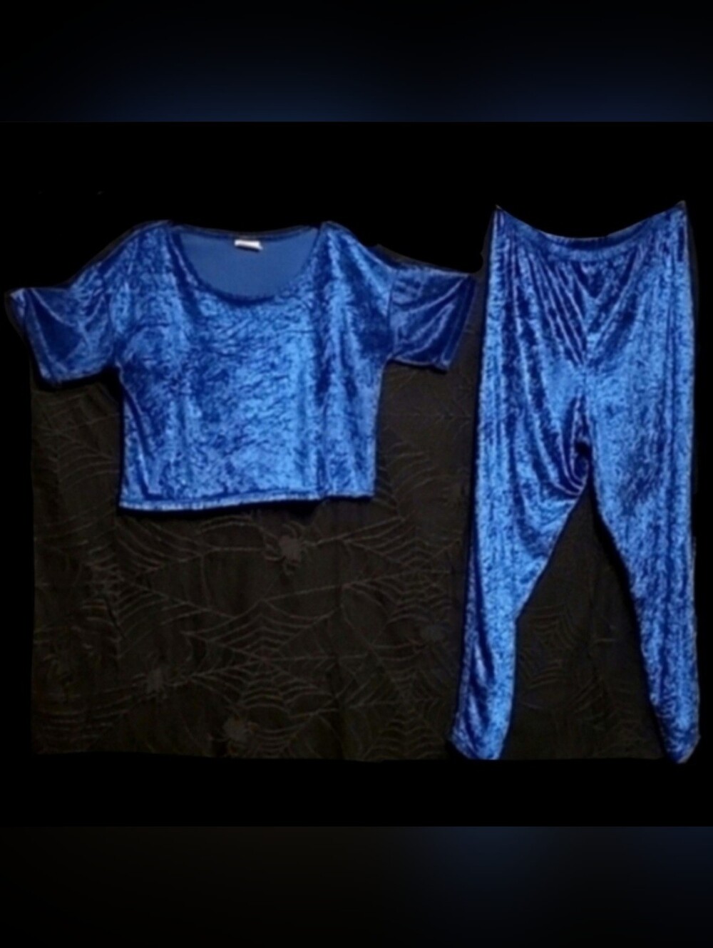 Vtg 90s Secret Treasures  blue sateen crop top High Waist Pant loungewear set L - Picture 16 of 17